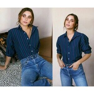 Mille Size L Sofia Greenwich Cotton Striped Long Sleeve Blouse NEW Shirt Resort